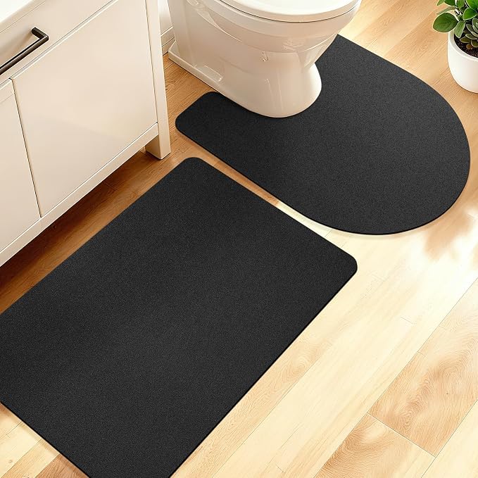 ACCUMTEK Non Slip Bath Mat, Thin Bathroom Rugs Fit Under Door, Quick Dry Bath Mats, Machine Washable Bath Rugs for Bathroom, Bathtub & Kitchen, Bathtub & Kitchen, Black/Solid/2 Piece