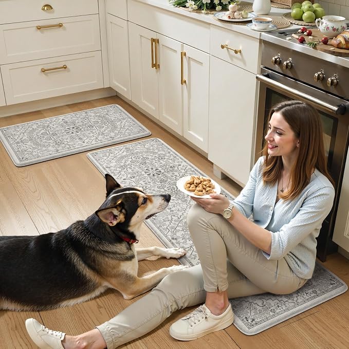 KIMODE Anti Fatigue Kitchen Mats, 2 PCS Cushioned Kitchen Rugs and Mats, Boho Kitchen Floor Mats Non Slip, Comfort Foam Standing Mat for Laundry, Office, Sink, Grey 17.3" x 59"+17.3" x 29"