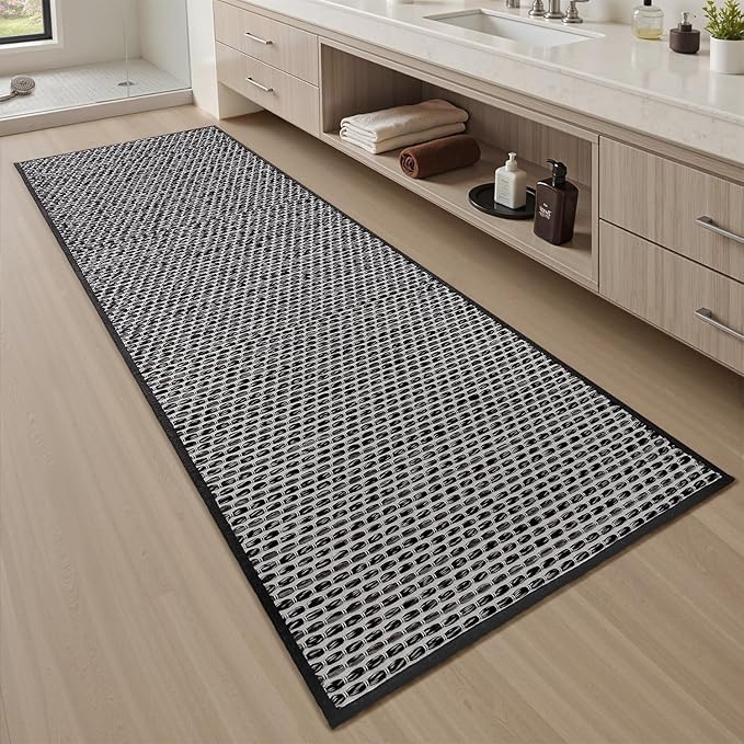 AMOAMI Unique Woven Bathroom Runner Rug, Super Absorbent Non Slip Bath Mats for Bathroom Textured Bathroom Mat Quick Dry Boho Rugs Runners for Hallyways Kitchen Bedroom Beside Tub, 2' x 4', Black
