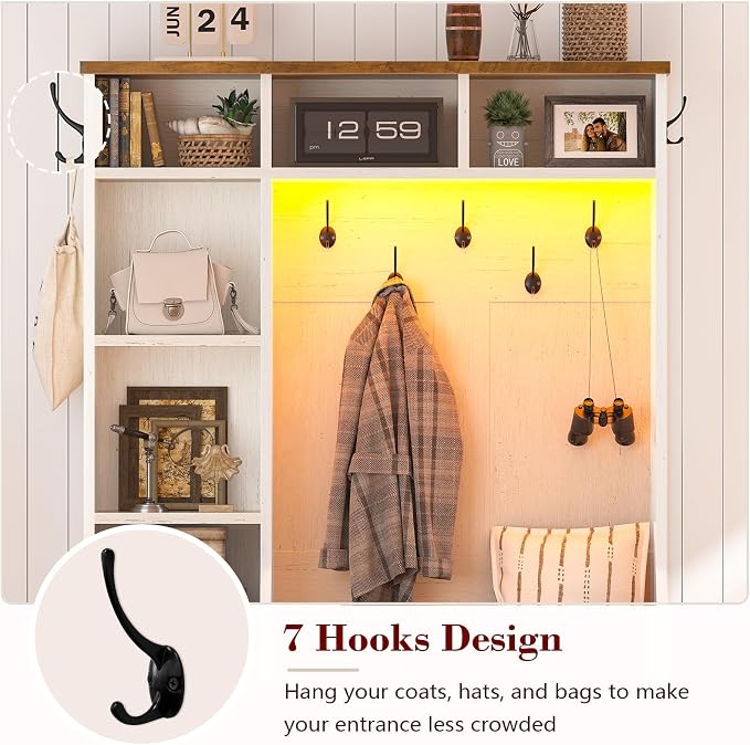 CSZZD Hall Tree with Bench and Shoe Storage, Farmhouse Entryway Bench with Coat Racks and Led Lights, Tall Hall Tree with 7 Coat Hooks, 6 Storage Cubbies, Adjustable Shelf
