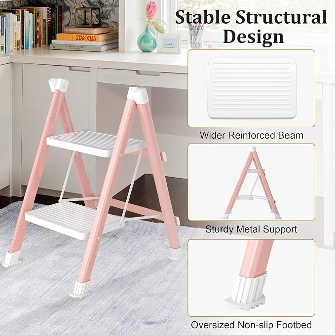 DIAMONDFORGE 2 Step Ladder, Folding Step Stool with Anti-Slip Wide Pedal, Anti-Slip Feet, Sturdiest Steel Construction, 330lbs Capacity Steel Ladder for Home and Office, Pink White