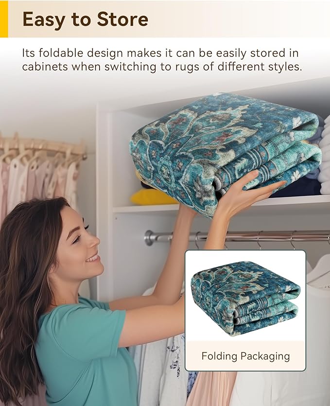 RELEANY Area Rugs Round 5ft Washable Non-Slip, Floral Vintage Distress Medallion Carpet for Living Room Bedroom Dining Room, Teal Green Lake Blue Turquoise