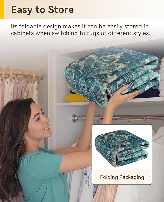 RELEANY Area Rugs Round 7ft Washable Non-Slip, Floral Vintage Distress Medallion Carpet for Living Room Bedroom Dining Room, Teal Green Lake Blue Turquoise