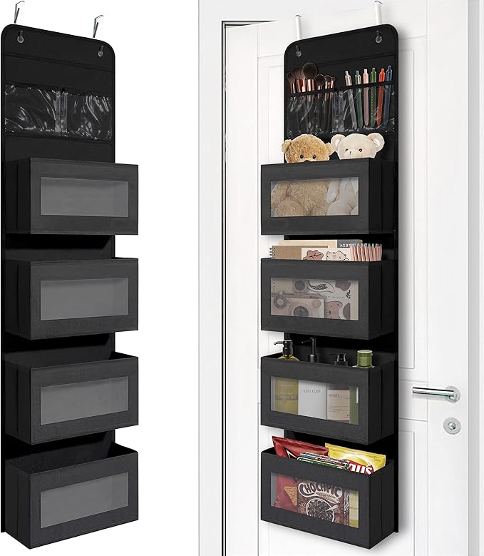 Giraffe Creation Black Over Door Organizer with 4 Large Clear Pockets, Hanging Door Storage for Closet, Bathroom, Bedroom, Dorm, Nursery, Toys, Toiletries, Cosmetics