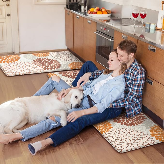 KIMODE Kitchen Mats for Floor Anti Fatigue, 17"x47"+17"x29" Dahlia Floral Kitchen Floor Mats,Farmhouse Kitchen Rugs Non Slip Cushioned, Comfort Standing Desk Mat for Sink, Laundry, Desk Orange
