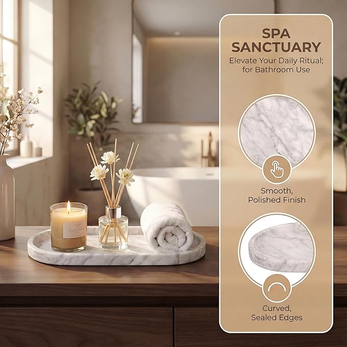 YKAJO Oval Real Marble Tray for Bathroom Kitchen Counter Stone Decorative Vanity Tray for Dresser Perfume Heavy Catchall Organizer for Soap Jewelry (Carrara White, 11.8" x 5.9")