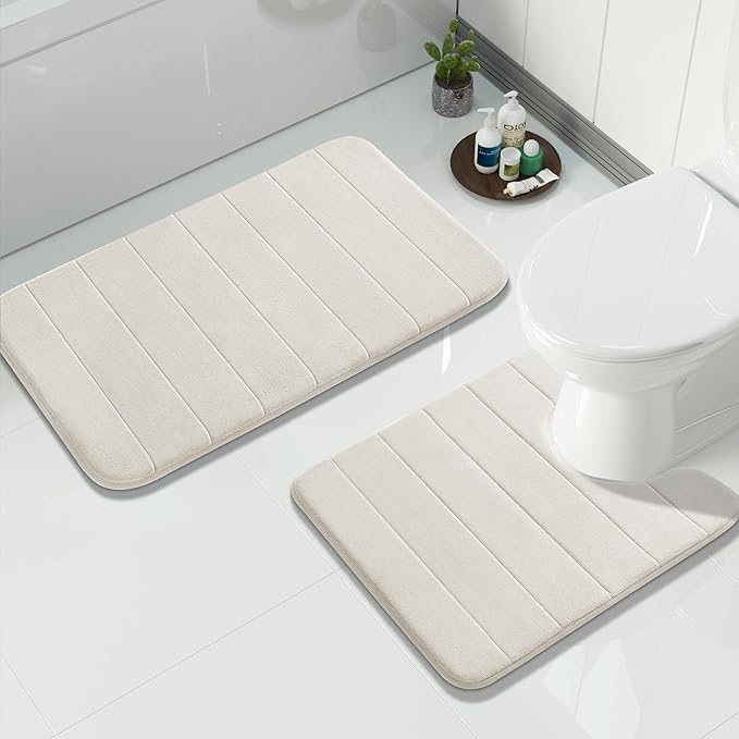 Yimobra Memory Foam Bath Mat Set 2 Piece - Super Soft Absorbent Quick Dry Bathroom Toilet Rugs, Machine Washable Non Slip Floor Carpet for Tub Shower & Single Sink (31.5x20 & 24x20, Cream White)
