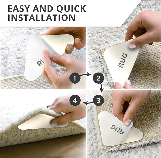 X-Protector Rug Tape for Carpet - 8 Pcs Set - White Anti-Slip & Anti-Curling Carpet Tape for Rugs - Premium Rug Pad Gripper - Ideal Carpet Corner Grippers to Keep Your Rugs & Make Corners Flat