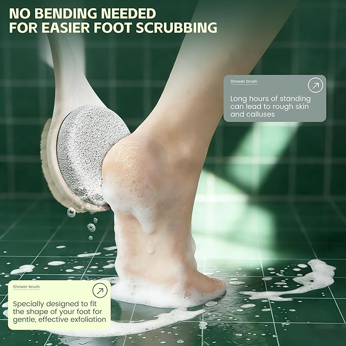 Back Scrubber for Shower, Long Handle Exfoliating Brush, Dual-Sided Bath Brush with Soft Bristles & Volcanic Pumice Stone, Anti-Slip Grip for Men & Women (Light Yellow)