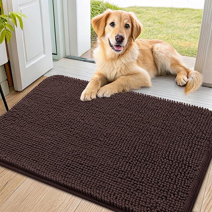 Smiry Dog Door Mat for Muddy Paws 34x21, Absorbent Dirt Trapper, Non-Slip Washable Chenille Entryway Rug for Inside Floor, Brown, Classic Solid