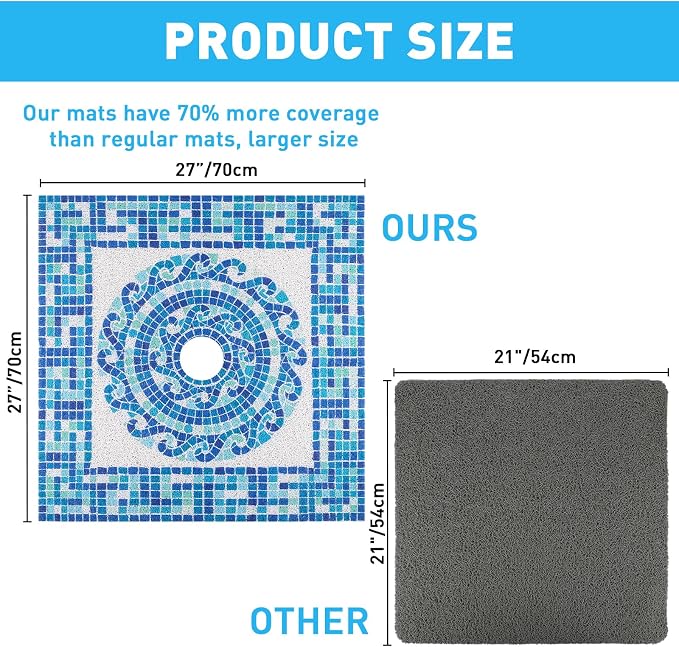 Square Shower Mat Non Slip: 27 x 27 Inch Large Shower Mats with Drain Hole in Middle - PVC Loofah Anti Slip Shower Floor Matt for Inside Shower