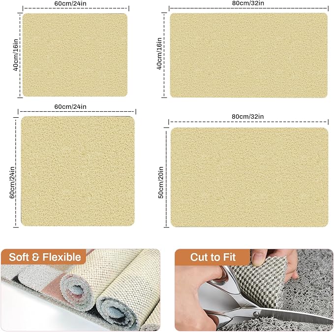 Non Slip Loofah Shower Mat 32"x16", Quick Drying Mats with Drain Hole, Soft Trimmable PVC Loofah Massage Bathmat for Shower, Kitchen, Hotel, Tub, Floor, Home, Beige