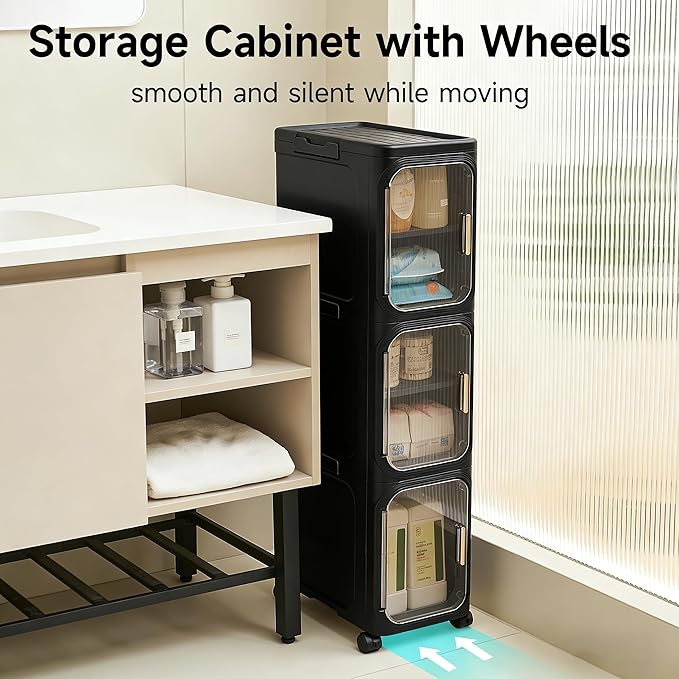 UFORU 4-Tier Tall Narrow Storage Cabinet- Plastic Slim Bathroom Storage Organizer with Magnetic Doors,Adjustable Shelves&Movable Wheels, Foldable Skinny Cabinet for Small Spaces,Kitchen, Black
