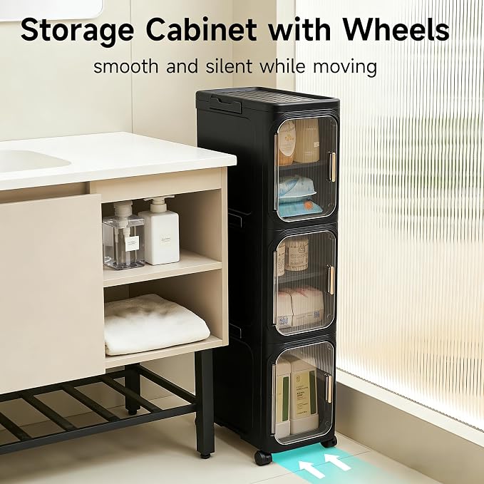 UFORU 3-Tier Tall Narrow Storage Cabinet- Plastic Slim Bathroom Storage Organizer with Magnetic Doors,Adjustable Shelves&Movable Wheels, Foldable Skinny Cabinet for Small Spaces,Kitchen, Black