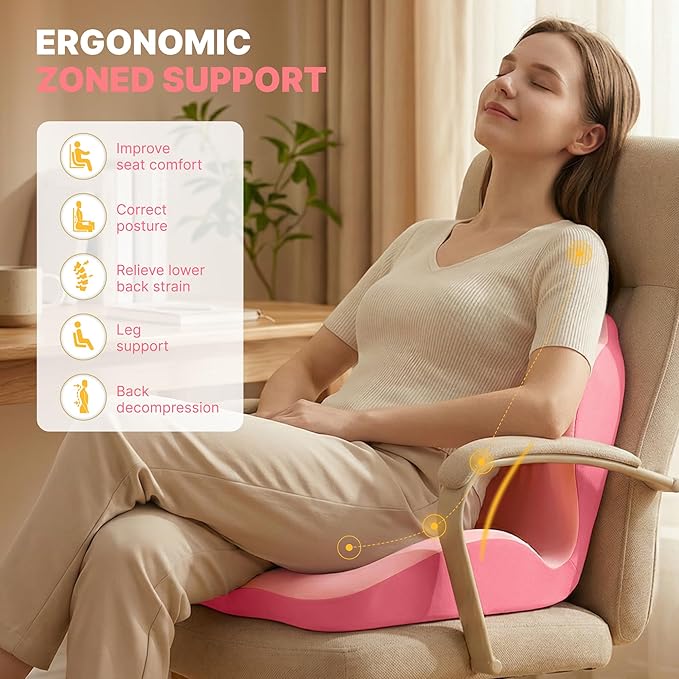 Ergonomic Seat Cushion, Office Chair Seat Cushions with L-Shaped Integrated Design, Memory Foam Orthopedic Cushion with Coccyx Hollow, Lumbar Support & Tailbone Pain Relief for Long Sitting (Pink)