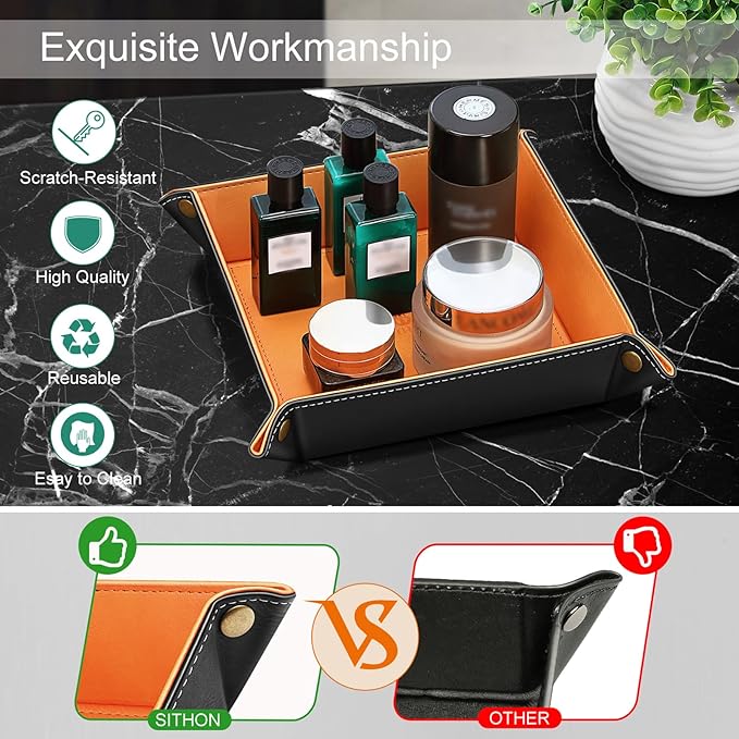 SITHON Valet Tray Desktop Storage Organizer – Premium PU Leather Catchall Bedside Vanity Tray Nightstand Caddy Holder for Remote Controller, Keys, Phone, Wallet, Coin, Jewelry (Orange)