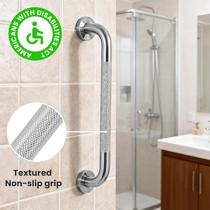 Handicap Grab Bars 2 Pack 18 Inch, Mirror Polished Stainless Steel Shower Handle with Gray Rubber Grip, Bathroom Safety Bars for Elderly, Anti-Rust Wall Mounted Handrail for Showers