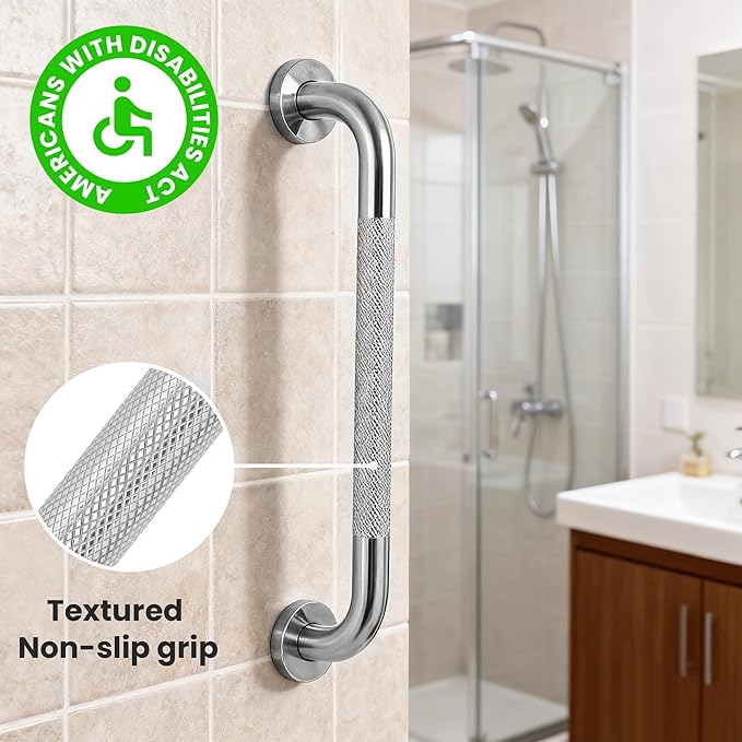 MrHAND 2 Pack 16 Inch 304 SUS Stainless Steel Grab Bar Premium 1.0mm Extra-Thick Construction with Knurled Grip, Sturdy & Stable Handicap Grab Bars,Safety Hand Rail Support to 500 lbs,ADA Compliant