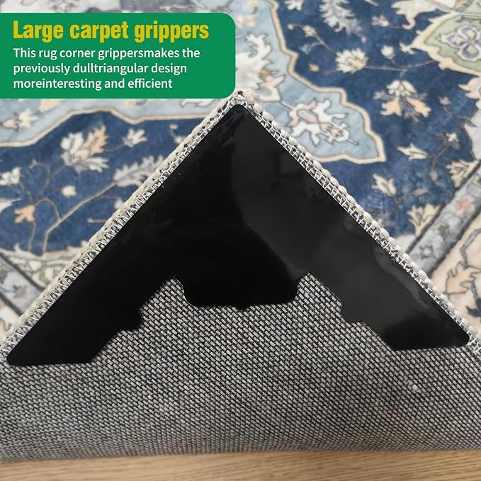 8 Pcs Large Non Slip Rug Pads Carpet Tape for Hardwood & Tile,No Residue | Reusable Extra Thick Double Sided Adhesive,Secures Area Rug Corners,Fits Laminate Carpet Floors,Rug Stickers,No Damage