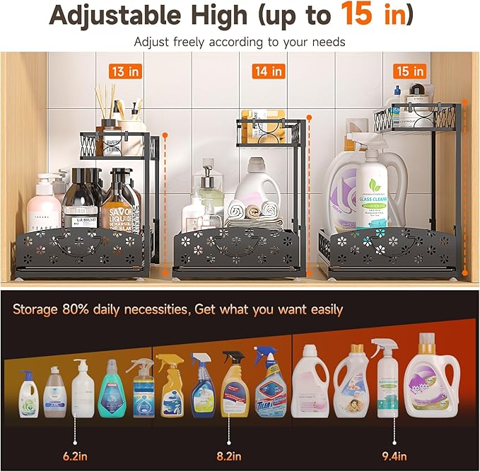 Sevenblue 2 Packs Under Sink Organizer, Height Adjustable 2 Tier Under Kitchen Sink Organizer, Multi-Purpose Storage Shelf for Kitchen Bathroom Cabinet (Metal, Extra Large)
