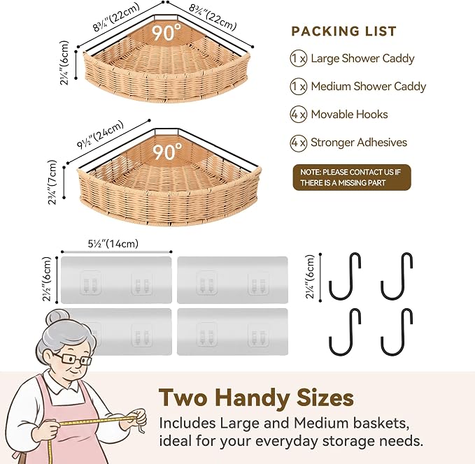 GRANNY SAYS 2 Pack Wicker Corner Shower Caddy Hanging, Shower Shelf for Inside Showers, Adhesive Shelves for Bathroom Organizers and Storage, Bathroom Shelves Wall Mounted for Home Decor, Natural