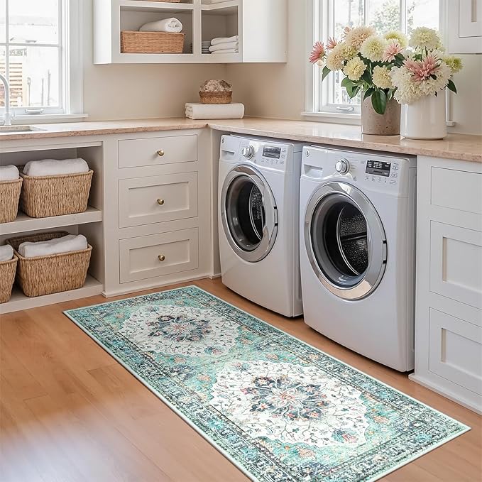 RELEANY Area Rugs Runner 2'x6' Washable Non-Slip, Floral Vintage Distress Medallion Carpet for Kitchen Hallway Bedroom Beside Laundry Room Bathroom, Green Navy Blue White Red Teal