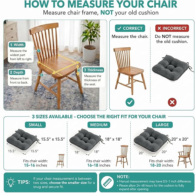 BETU Chair Cushions for Dining Chairs Set of 4,3.5" Thick Kitchen Table Chair Pads with Ties,Non Slip Backing and Covers, Seat Cushion for Dining Room,Bar,Patio Chairs,15.5"X15.5"X3.5",Dark Grey