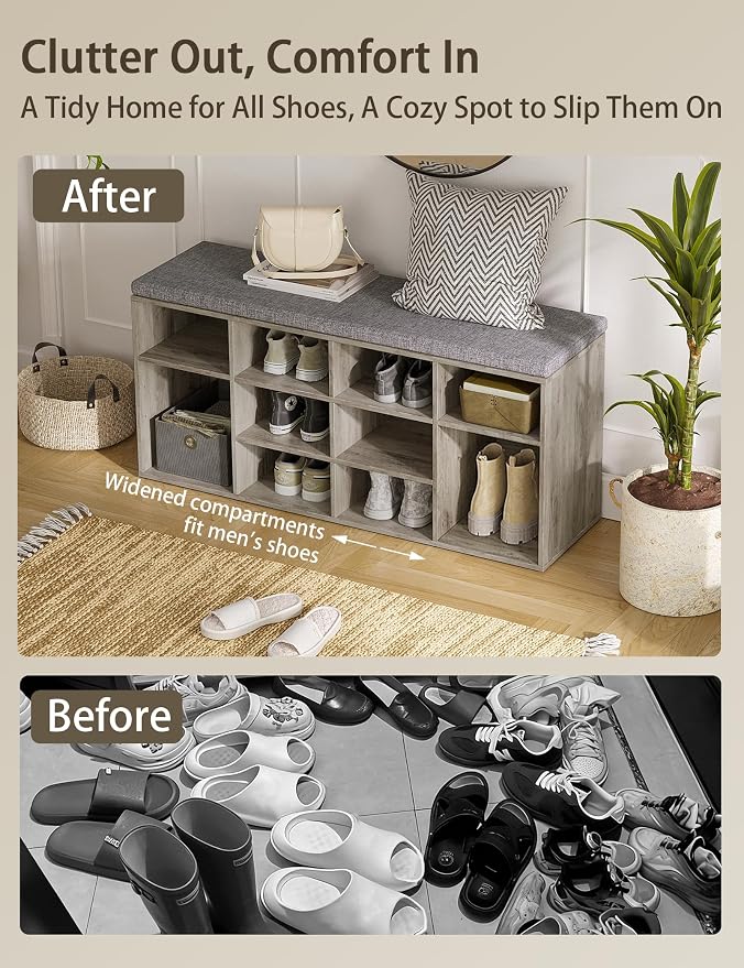 DINZI LVJ Shoe Bench, 12 Cubbies Shoe Organizer for Entryway, Storage Bench with Cushion, Cubby Shoe Rack with Adjustable Shelves for Living Room, Bedroom, Mudroom, Hallway, Gray Wash