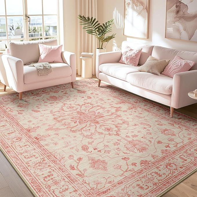 RELEANY Area Rugs 5'x7' Washable Non-Slip, Floral Vintage Distress Medallion Carpet for Living Room Bedroom Dining Room, Pink Light Vintage Pink