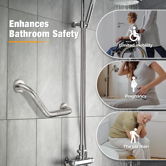 Grab Bars for Bathtubs and Showers- 1-1/4 x 16 Angled Shower Grab Bar for Seniors Knurled Stainless Steel Handicap Grab Bars for Wall (Brushed Nickel, 1 Pack)