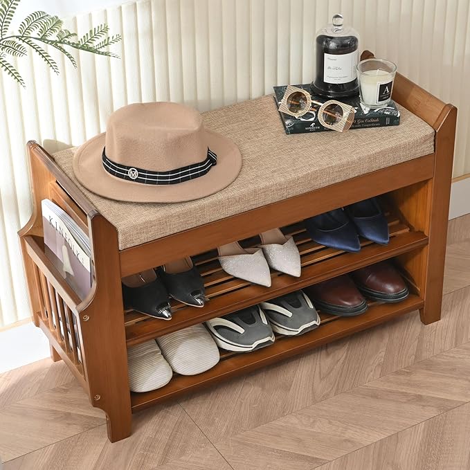 PETKABOO 2 Tier Shoe Bench, Bamboo Shoe Rack Bench, Shoe Storage Bench Organizer for Entryway Hallway Living Room