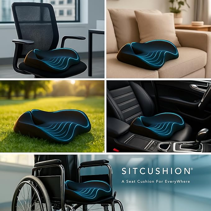 SitCushion Car Seat Cushion for Long Driving – X Large Memory Foam Seat Cushion for Sciatica & Tailbone Pain Relief, Orthopedic Coccyx Cushion with Non-Slip Bottom, Back Pillow for Car, Truck (Gray)