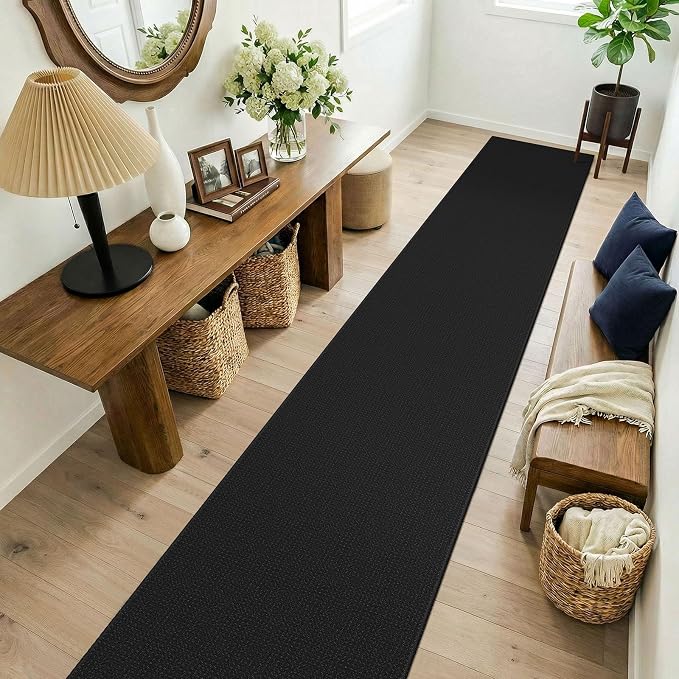 KOZYFLY Black 2x14 Runners Rugs for Hallway, Long Washable Runner Rug, Woven Non Slip Kitchen Runner, Flatweave Entryway Rug, Floor Carpet for Entry, Aisle, Hall, Black/Dark Grey
