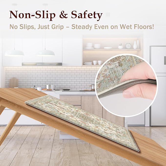 Boho Kitchen Mats for Floor 2 Piece Set Anti Fatigue Cushioned PVC Kitchen Rugs Non Slip Waterproof Farmhouse Mats 2/5 Inch Comfort Standing Mat for Laundry, 17.3"x59"+17.3"x28", Green Orange Beige
