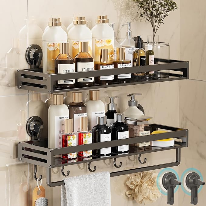 Suction Cup Shower Caddy, 15.7inch Extended Version, with 5 Hooks & Towel Rrack, No Drilling Required, Rust-Resistant Bathroom Shower Organizer (Dark Gray, 2-Pack)