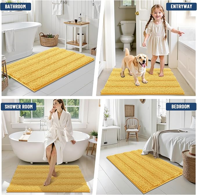 Grandaily Chenille Striped Bathroom Rugs 59x20, Extra Thick and Soft Absorbent Bath Mats, Rubber Backing, Plush Shaggy Shower Carpet, Machine Wash Dry, Bath Rug for Bathroom, Light Yellow