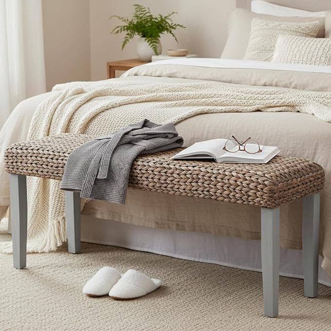 Solid Wood Acacia Indoor Bench with Natural Woven Water Hyacinth Seat, Wood Bench for Living Room or Entryway, Vintage Bench, Fishbone Style, Grey Leg