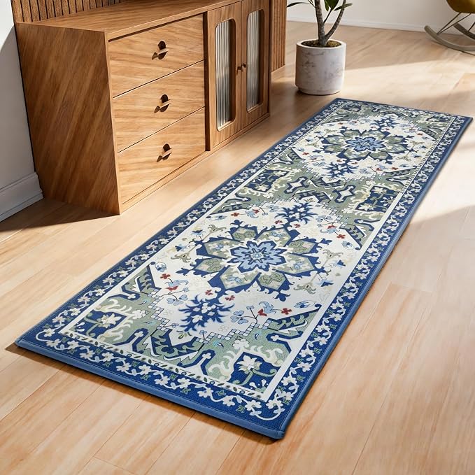 AREDO Runner Rug with Non Slip Rubber Backing, Washable Soft Floor Carpet for Kitchen, Hallway, Entryway Indoor, Bedroom, Laundry, Low Pile Area Rugs, Geometric Floral, Blue Pattern, 2' * 6'