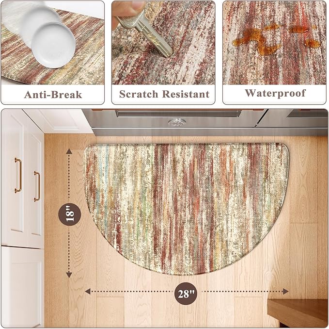 KIMODE Anti Fatigue Kitchen Mats for Floor 18"x28" Half Circle Cushioned Kitchen Floor Mats, Red Brown Abstract Kitchen Rug, Comfort Ergonomic Standing Desk Mat for Sink Laundry Office