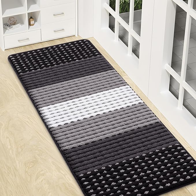 Kitinjoy Indoor Outdoor Door Mat, 47x17 Non-Slip Absorbent Dirt Trapper, Low-Profile Washable Inside Entrance Front Floor Mat, Sturdy Soft Entry Dotted Ombre Doormats for Entryway, Black