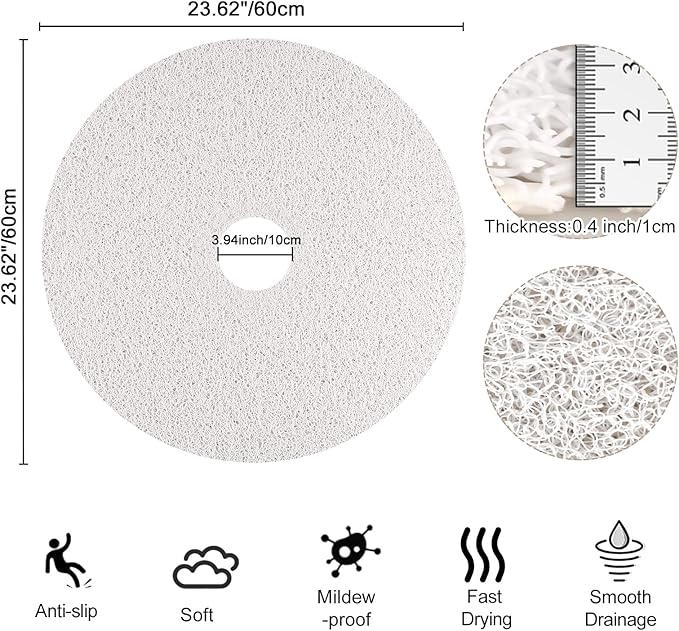 Shower Mat Non Slip, Round Shower Mat for Inside Shower, Non Slip Bathtub Mat, Fast Drying Bath Tub Mats, Loofah Mat for Shower Bathroom, Quick Drying, Resistant (White, 24 x 24 Inch)
