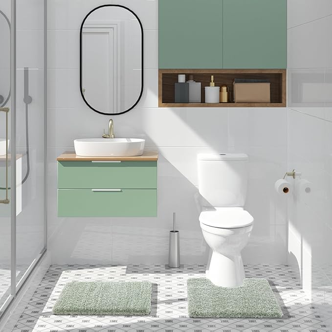 Yimobra Toilet Rugs U Shaped Washable 24X20, Ultra Soft and Water Absorbent Bath Mats, Non Slip Fluffy Shaggy Luxury Microfiber Contour Bath Rugs for Toilet, Dry Quick, Light Green and White