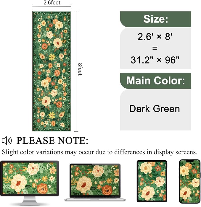 DUKINO Runner Rug, 2.6x8 Kitchen Rug for Hallway with Non Slip Backing, Washable Low Pile Soft Boho Floral Runner Carpet for Hallway, Kitchen, Entryway, Laundry, Bedroom, Dark Green