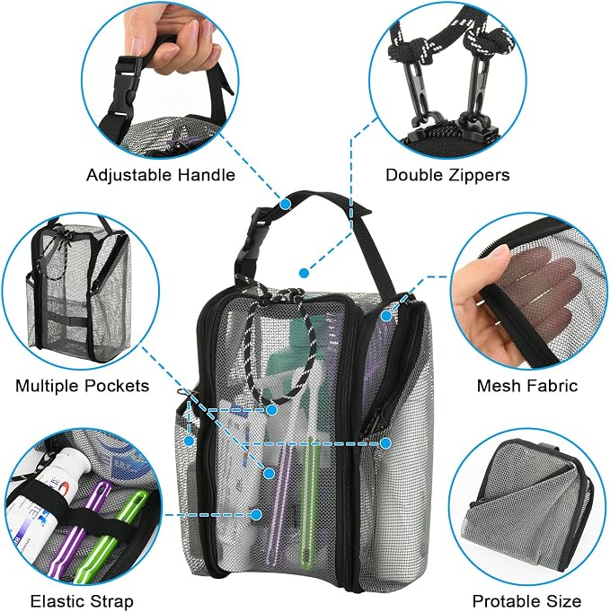 Cosmos Mesh Shower Caddy Toiletry Organizer Hanging Shower Tote Bag, Quick Dry Shower Organizer Portable Bath Bag with Durable Zippers & Side Pockets for Travel Gym Swimming Beach & Camp (Gray)