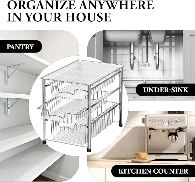 Simple Houseware Stackable 3 Tier Sliding Basket Organizer Drawer, Chrome