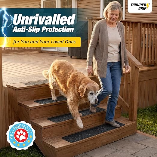 THUNDER GRIP Outdoor Stair Treads - Non Slip 30" x 6" - 12-Pack Weather Resistant Exterior Grip Tape - Anti Skid Strips - Waterproof 80-Grit Adhesive Treads