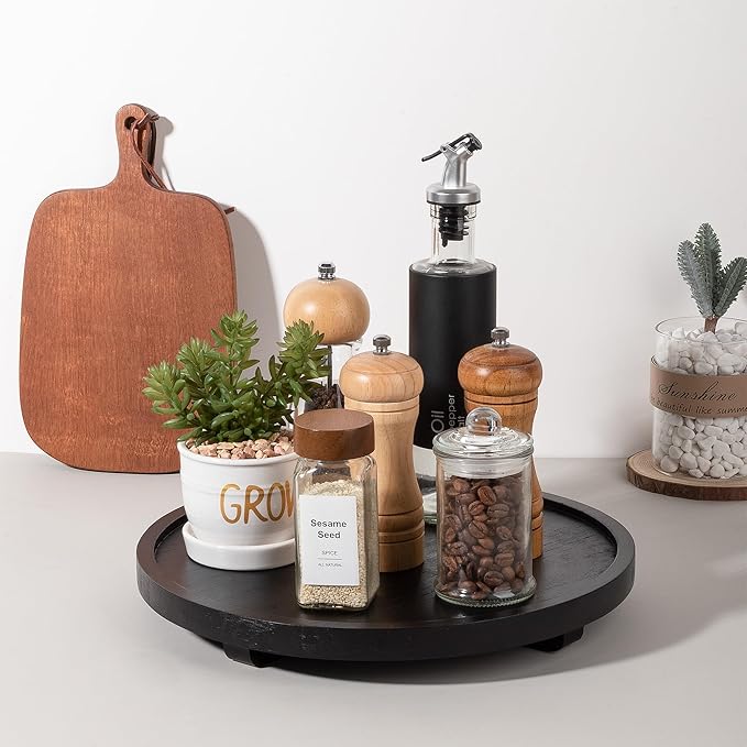 Round Decorative Tray Wood Bathroom Counter Organizer Farmhouse Kitchen Decor Wooden Riser for Soap Dish, Perfume, Candle, Sponge, 12" - Black