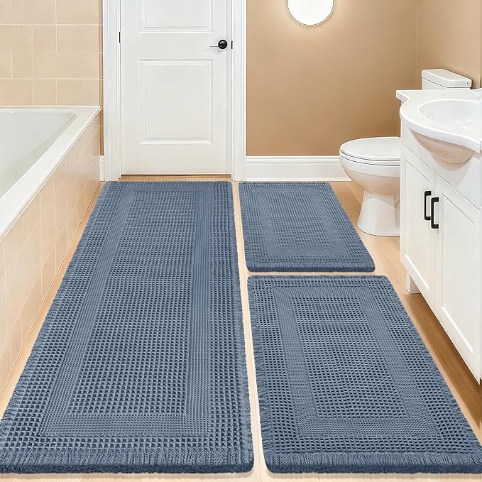 IM HOME Upgrade Waffle Bath Mat Set 3 Piece, Boho Bathroom Rugs Absorbent Non Slip, Soft Bathroom Mats, Machine Washable Knit Bath Rugs with Tassels for Bathroom, Bedroom, Kitchen, Shower, Tub, Blue