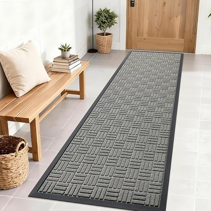 OLANLY Front Door Mat Outside Entrance 71x23, Absorbent, Heavy Duty Sturdy Natural Rubber Doormat Indoor Outdoor, Non-Slip, Stain and Fade Resistant, Low Profile Floor Mat for Entryway, Modern Gray