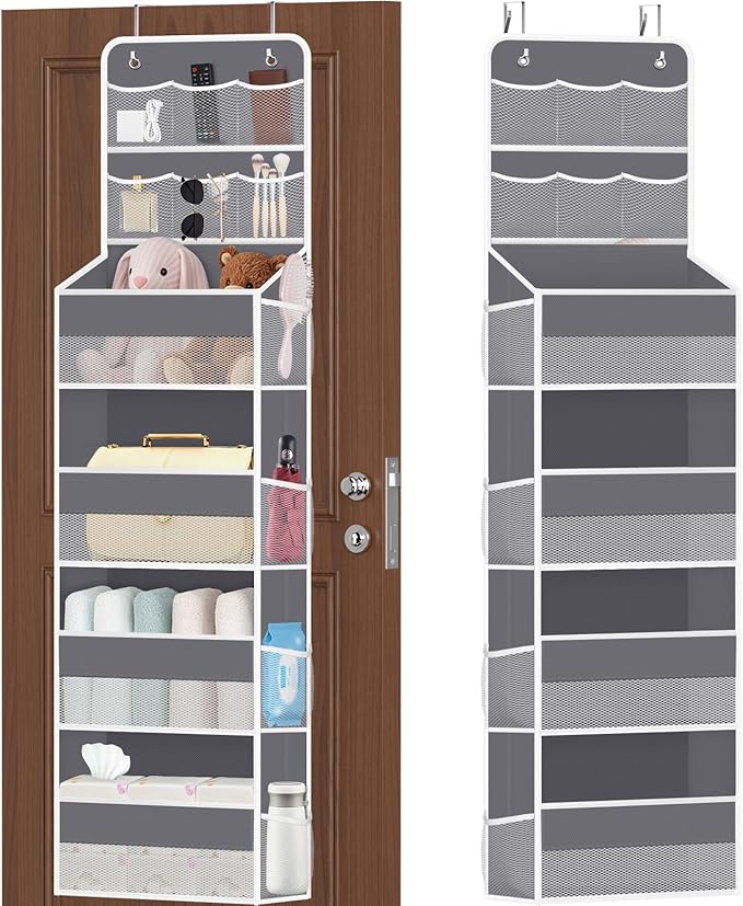 SpaceHacks 6-Tier Over the Door Organizer with Mesh Pockets, Baby Nursery Storage for Closet, Bathroom and Bedroom, Adjustable Hanging Closet Organizer for Cosmetics, Books and Essentials (Dark Grey)
